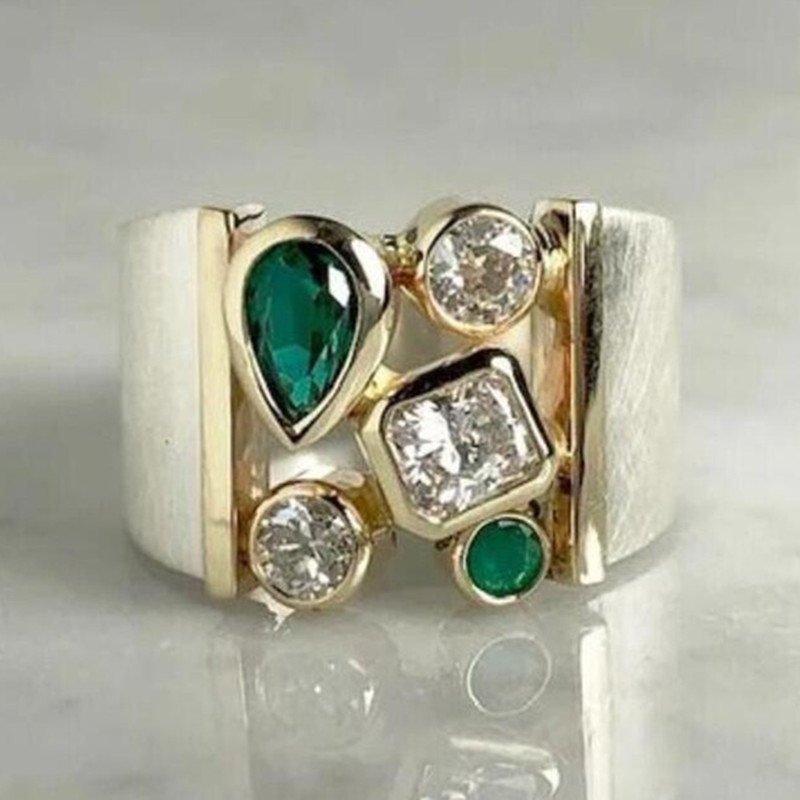 Vintage Two-Tone Geometric Wide Band Ring with Green Zirconia